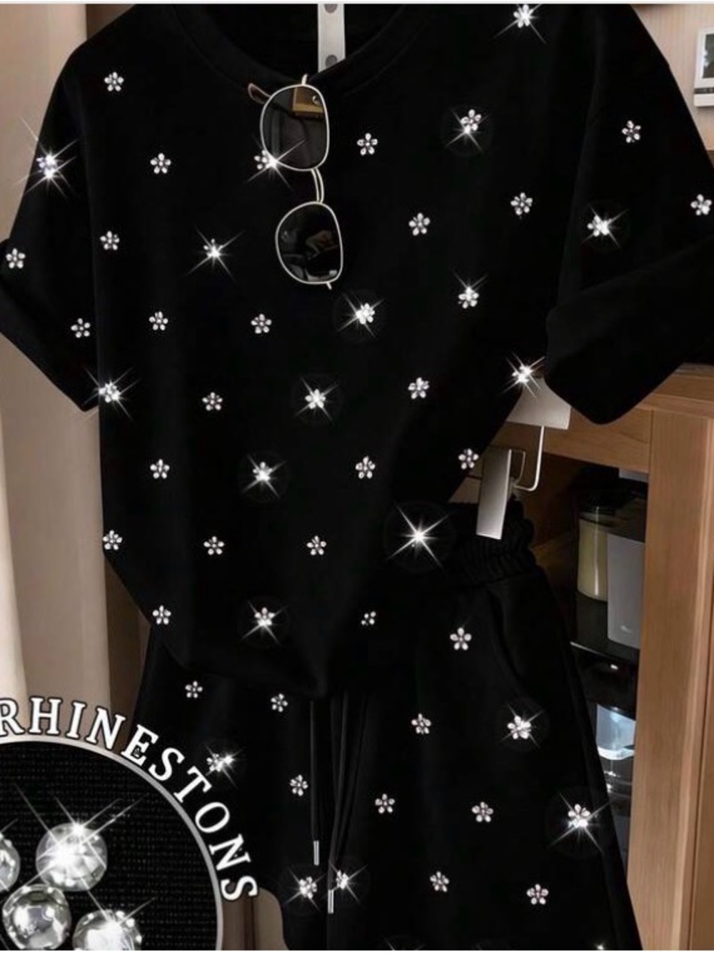 Black Rhinestone-Embellished Women's Short Set